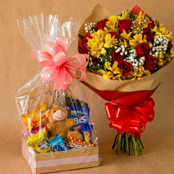 Combo Buquê Rosas Nacionais com Cesta de Chocolates
